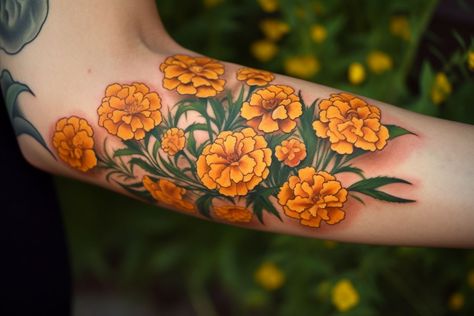 Marigold Flowers Tattoo Marigold Flower Tattoo, Marigold Tattoo, Girly Tattoo, Carnation Tattoo, Mexican Tattoo, Forearm Band Tattoos, Marigold Flowers, Awesome Tattoo, Birth Flower Tattoos