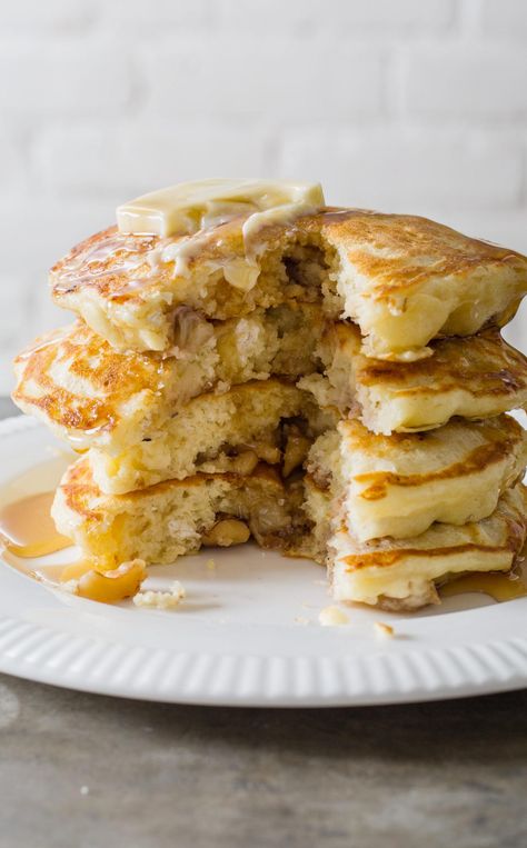 Banana Topping For Pancakes, Ricotta Banana Pancakes, We Banana Pancakes, Banana In Pancake Batter, Banana Walnut Pancakes, Walnut Pancakes, Pancake Mix Uses, Cooks Country Recipes, Banana Walnut