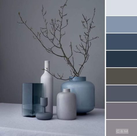 Blue Gray White Color Scheme, Blue Interior Palette, Blue And Gray Color Scheme, Modern Interior Colors, What Colours Go With Grey, Gray Color Palette Living Room, Room Colors Ideas, Colours That Go With Grey, Grey Colour Scheme