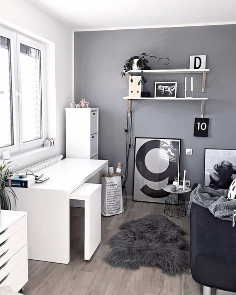 Black And Grey Bedroom, Small Room Makeover, Gray Bedroom Walls, Cool Office Space, Student Room, Office Guest Room, Girl Bedroom Designs, Grey Decor, Craft Room Office