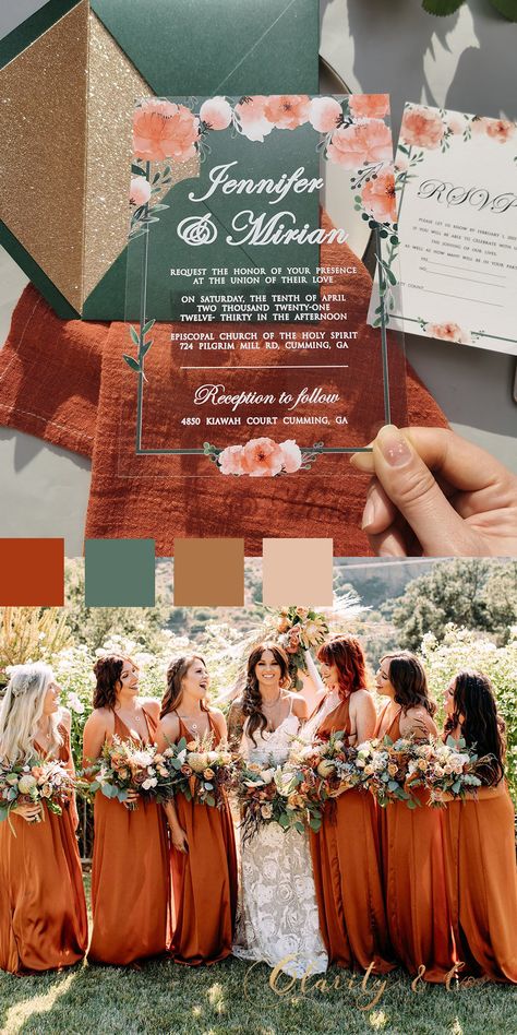 Tera Cotta Wedding Colors, Desert Sunset Wedding Theme, Sage Green And Rustic Orange Wedding, Rustic Orange Wedding Invitations, Brunt Orange Wedding Color Schemes, Fall Ballroom Wedding, Orange Green Wedding Colors, Burnt Orange Wedding Color Schemes, Barn Wedding Ideas On A Budget