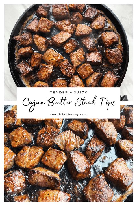 Cajun Beef Tips, Cajun Steak Bites, Butter Sauce Recipes, Cajun Butter Steak, Strip Steak Recipe, Cajun Chicken Recipes, Cajun Butter, Steak Bites Recipe, Roasted Broccolini