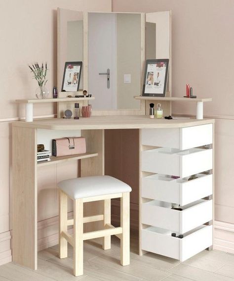 Corner Dressing Table, Dressing Table Design, White Drawers, Corner Storage, Room Inspiration Bedroom, Beauty Bar, Dressing Table, Open Shelving, Room Inspiration