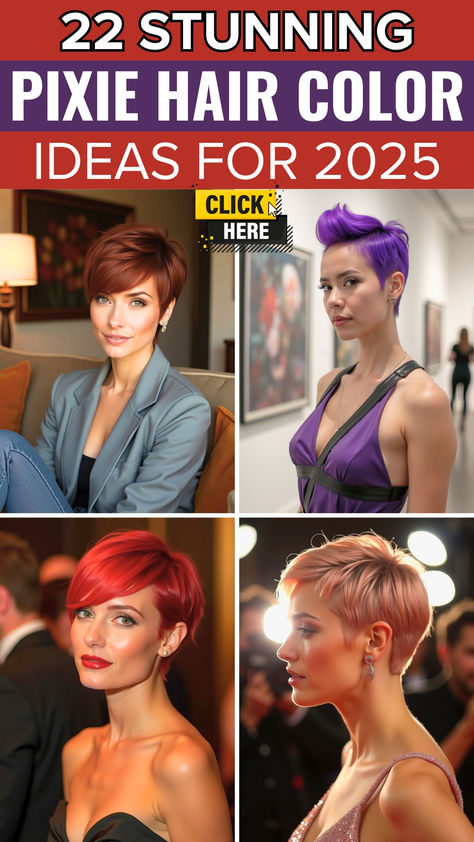 A vibrant Pinterest graphic featuring four trendy pixie hair color ideas for 2025. Top-left showcases a warm auburn pixie cut, while the top-right displays a bold purple shade. Bottom-left highlights a striking red pixie, and the bottom-right features a soft rose gold hue. The title reads 22 Stunning Pixie Hair Color Ideas for 2025, with a click here button encouraging viewers to explore these chic looks. Pixie Strawberry Blonde Hair, Short Hair Color And Highlights, Cherry Cola Pixie Hair, Vivid Pixie Hair, Very Short Hair Color, Hair Color For Short Hair Pixie, Strawberry Blonde Pixie Haircut, Short Purple Hair Pixie, Dark Red Pixie Haircut