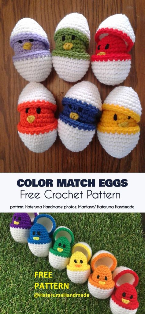 Color Matching Eggs Free Crochet Pattern Chicks In Eggs Crochet, Crochet Chicken With Eggs, Easter Crochet Amigurumi, Crochet Easter Patterns Free Simple, Crochet Chicks In Eggs, Quick Crochet Easter Projects, Spring Time Crochet Ideas, Crochet Hatching Egg Pattern Free, Crochet Chicks In Eggs Free Pattern