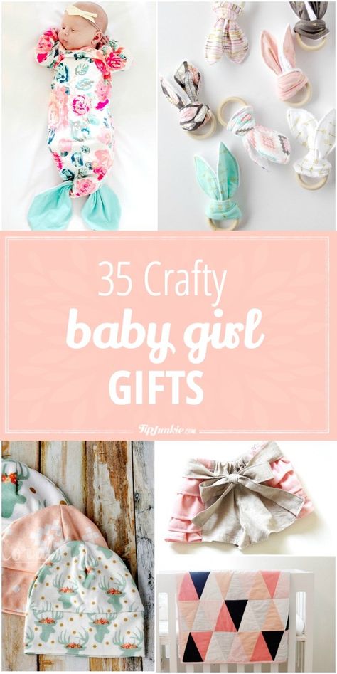 35 adorable Baby Girl Gifts to make.  Perfect for a baby shower. via @tipjunkie Things To Sew For Baby Sewing Patterns, Handmade Gifts For Baby Girl, Home Made Baby Gifts, Diy Gifts For Baby Girl, Hand Made Baby Gifts, Baby Shower Sewing Gifts, New Baby Gifts Diy, Homemade Baby Gift Ideas, Diy Baby Girl Gifts