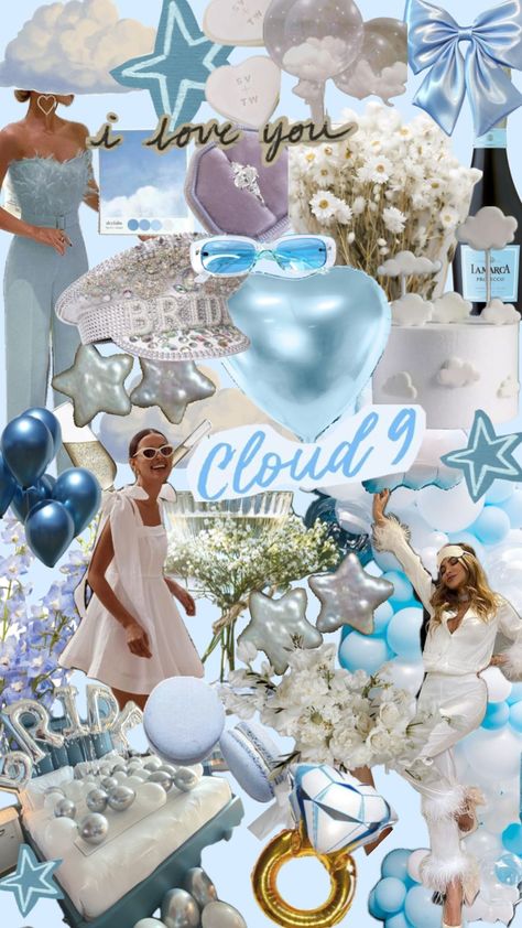 #bacheloretteparty #bachelorette #oncloud9 #bridal #iloveyou #blueaesthetic #whiteaesthetics Bachelorette Cloud 9, On Cloud 9 Theme, Cloud Nine Bridal Shower Theme, Cloud 9 Theme, On Cloud 9 Bachelorette, On Cloud Nine Bachelorette, Engagement Party Themes, Bachelorette Bag, Bachelorette Inspo