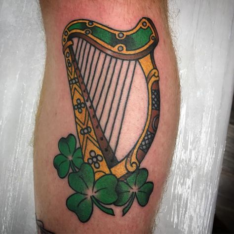 Irish Harp and Shamrocks Tattoo | Tattoo Ideas and Inspiration Erin Go Bragh Tattoo, Celtic Harp Tattoo, Irish Harp Tattoo, Leprechaun Pictures, Harp Tattoo, Leprechaun Tattoos, Claddagh Tattoo, Ireland Tattoo, Deep Images