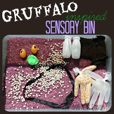 Gruffalo Inspired Sensory Bin from And Next Comes L Gruffalo Tuff Tray, Gruffalo Craft, Gruffalo Eyfs, Tuff Tray Activities, Numicon Activities, Sensory Story, Gruffalo Activities, Gruffalo Party, Sensory Bin Ideas