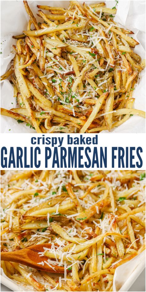 Garlic Fry Recipe, Garlic Parmesan French Fries Air Fryer, Parmesan Garlic Fries Recipe, Air Fryer Garlic Parmesan Fries, Oven Baked Garlic Parmesan Fries, Dinner With Fries On The Side, Red Robin Garlic Parmesan Fries, Fry Recipes Baked, Garlic Parm French Fries