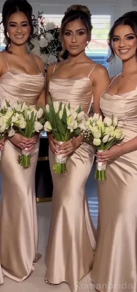 Sexy Taupe Spaghetti Straps Mermaid Satin Long Bridesmaid Dresses Onli – RomanBridal #bridesmaiddresses #satinbridesmaiddresses #longbridesmaiddresses #bridesmaiddressesonline #bridesmaid #weddingidea Antique Gold Bridesmaid Dresses, Diamond Bridesmaid Dresses, Champagne Bridal Party Dresses, Ivory Bridesmaid Dresses Champagne, Timeless Bridesmaid Dress Color, White Gold And Champagne Wedding, Fall Bridal Colors, Light Champagne Bridesmaid Dresses, Silk Champagne Bridesmaid Dresses