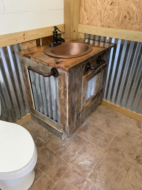 Diy Bathroom Vanity Rustic, Small Rustic Bathroom Vanity, Diy Pallet Bathroom Vanity, Pallet Sink Vanity, Shower With Tin Walls, Rustic Bathroom Sink Ideas Diy, Rustic Sink Vanity, Rustic Restroom Ideas, Rustic Sink Ideas