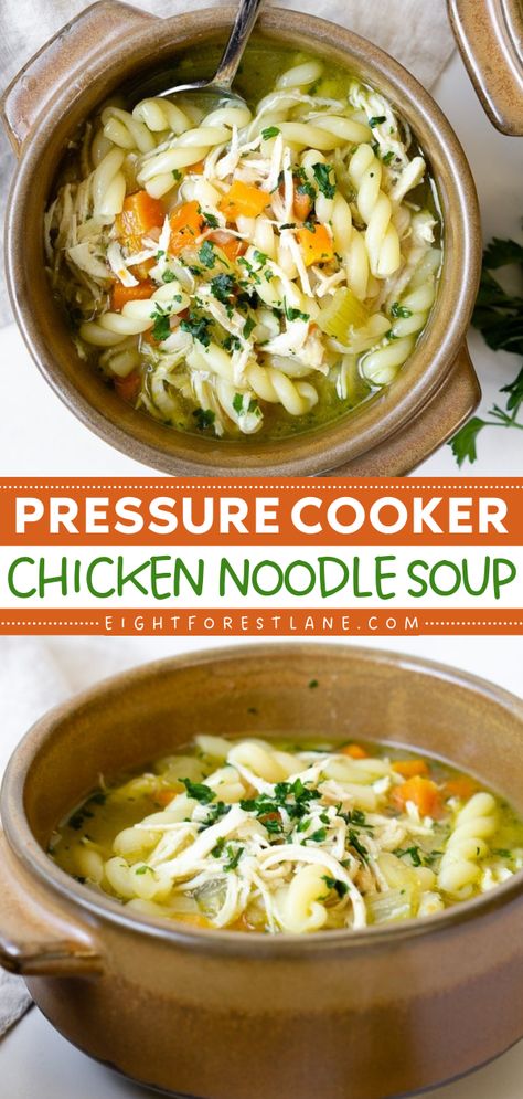 Your comfort food ideas won't be complete without this chicken soup! Hearty and filling, this Pressure Cooker Chicken Noodle Soup is the BEST. So, get your Instant Pot ready and have a bowl of this easy lunch recipe or dinner idea for tonight! Ip Chicken Soup Recipes, Ip Chicken Noodle Soup, Insta Pot Chicken Soup Recipes Easy, Instant Pot Chicken Noodle Soup Recipes, Instapot Chicken Noodle Soup, Instant Pot Chicken Soup Recipes, Pressure Cooker Chicken Noodle Soup, Chicken Soup Instant Pot, Chicken Noodle Soup Recipes