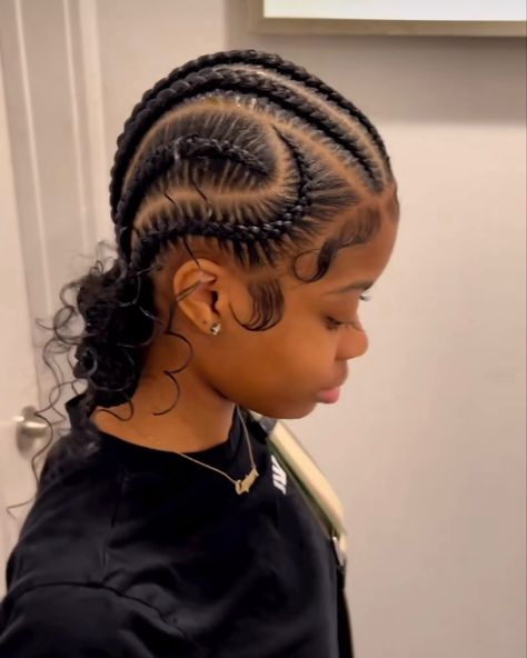 2 French Stitch Braids, 5 Cornrows, 6 Stitch Feed In Braids Bun With Curls, Feed In Braids Into Low Bun With Designs, Stitch Braid Bun With Curls, Stitch Braids Girl With Curls, Stitch Braids Into Bun With Heart, Stitch Cornrows With Heart Design, 2 Feed In Braids