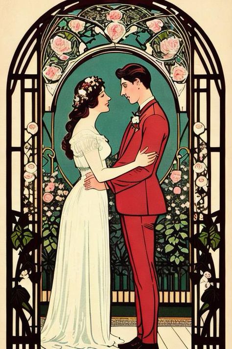 Lovers Meet Under The Roses. Vintage Art Nouveau Illustration. https://apps.apple.com/us/app/genzart-ai-art-generator/id1669915100 Art Nouveau Lovers, Romantic Pastoral Art Nouveau, Art Nouveau Couple Illustration, Art Nouveau Couple, Art Nouveau Men, Nouveau Illustration, Nouveau Wedding, Long Art, Art Nouveau Weddings