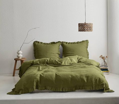 Amazon.com: Simple&Opulence 100% Washed French Linen Duvet Cover Set-104''x92'' King Size-3 Pieces Boho Vintage Ruffled Farmhouse Bedding 1 Comforter Cover 2 Pillowshams Floral Frill Flax Sets,Dusty Blue : Home & Kitchen Green Linen Duvet Cover, Green Linen Duvet, Ruffled Duvet, Unique Duvet Covers, Ruffle Duvet Cover, Linen Comforter, King Bedding, Queen Size Comforter, King Size Duvet Covers