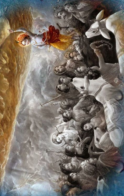 There is a story in hinduism in the Bhagwata and other Puranas about Krishna lifting the ‘Govardhan Parvat’ or Govardhan Hill when he was only a child. Story tells that once, when the elder people of Braj were planning for the Puja (worship ritual) of Indra, Krishna, a child then, questioned them as to why they were doing so. Nanda Maharaj explained to Krishna that this was done every year to please Indra so that he continued to grace the people of Braj by providing rain as and when required. Govardhan Parvat, About Krishna, Elder People, Ganesha Drawing, Little Krishna, Hinduism Art, Epic Story, Krishna Radha Painting, Krishna Radha