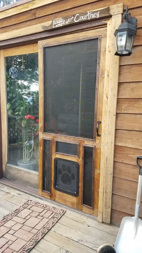 Screened In Porch Dog Door, Screened In Porch Sliding Doors, Kitchen Back Door Ideas Farmhouse, Cat Door Screen Porch, Screen Doggie Door, Screened Porch Dog Door, Wooden Screen Door Ideas Porch, Screen Door Ideas For French Doors, Diy Porch Door