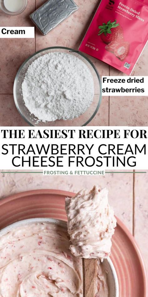 This delicious Strawberry Cream Cheese Frosting is made with freeze-dried strawberries and has a deliciously tangy and sweet flavor with a rich and creamy texture. It’s perfect for topping cakes, cupcakes, or just eating right off the spoon! If you’re looking to level up your fruity frosting, try adding cream cheese to the mix! This classic frosting ingredient gives the frosting a delicious tangy flavor and a rich and creamy texture. Ready in just 10 minutes. Strawberry Frosting With Dried Strawberries, Freeze Dried Strawberry Cake, Freeze Dried Strawberry Frosting, Strawberry Cream Cheese Icing Recipe, Strawberry Cream Cheese Icing, Strawberry Frosting Recipes, Strawberry Cream Cheese Filling, Leftover Strawberries, Dehydrated Strawberries