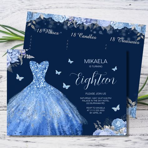 Gown 18th Birthday, Debut Invitation Ideas, Debut Invitation 18th, Glitter Gown Dress, Party Celebration Ideas, Script Layout, 18th Birthday Invitation, Light Blue Gown, Debut Invitation