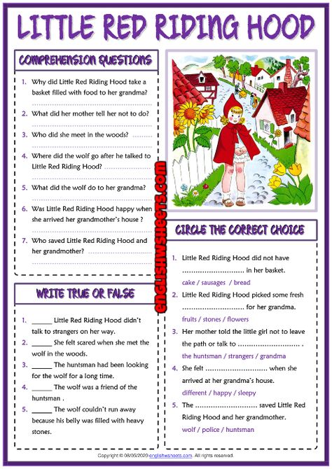 Little Red Riding Hood ESL Reading Comprehension Questions Worksheet Red Riding Hood Worksheets, Esl Reading Comprehension, Esl Reading, Reading Comprehension Kindergarten, Third Grade Writing, Horror Tale, Elementary Learning, Reading Comprehension Questions, English Grammar Worksheets