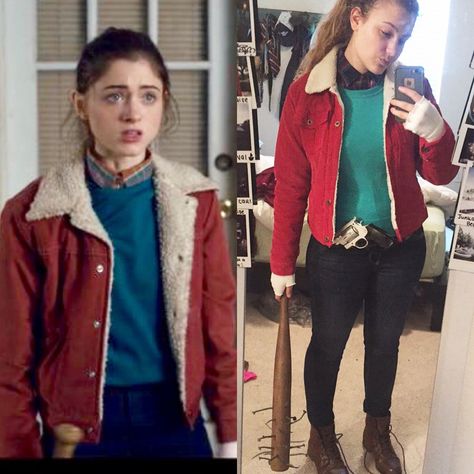 My Nancy Wheeler cosplay from Stranger Things! Complete with Steve’s badass baseball bat 🖤😎 Steve And Nancy Costume, Nancy Wheeler Halloween Costume, Nancy Wheeler Cosplay, Nancy Wheeler Outfit Inspiration, Nancy Wheeler Costume, Nancy Wheeler Outfit, Art School Outfit, Oldies Fashion, Stranger Things Nancy