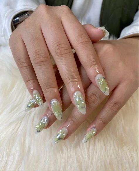 Halo Nails Design, Milky White And Green Nails, Garden Fairy Nails, Green Fairy Nails, Mosaic Nails, Green Acrylics, Sage Green Nail, Chrome Almond, Green Nails Acrylic