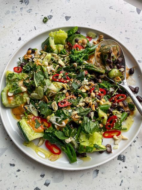 Bold Bean Co - Smacked Cucumber Salad with Black Beans, Broccoli + Satay Dressing Satay Dressing, Smacked Cucumber, Salad With Black Beans, Red Beans Recipe, Butter Beans Recipe, Balsamic Onions, Healthy Beans, Tenderstem Broccoli, Broccoli Salad Recipe