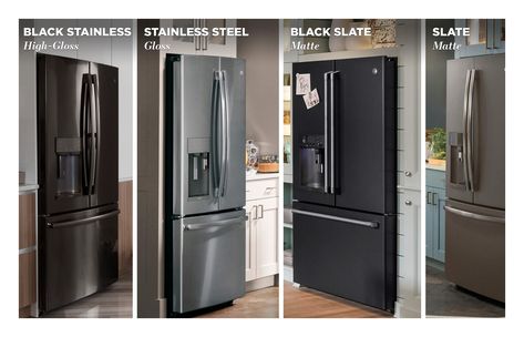 Premium Appliance Finishes in Stainless Steel, Black Stainless, Slate, and Black Slate Matte Stainless Steel Appliances, Slate Appliances Kitchen, Stainless Countertops, Black Stainless Steel Appliances, Black Stainless Appliances, Slate Appliances, Black Stainless Steel Kitchen, Monogram Appliances, Kitchen Technology