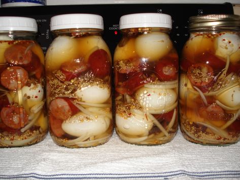 Pickled Eggs & Sausage | Tasty Kitchen: A Happy Recipe Community! Pickled Kielbasa, Easy Pickled Eggs, Pickled Items, Pickled Sausage, Pickled Things, Pickled Egg, Pickled Eggs Recipe, Easy Pickle, Pickled Foods