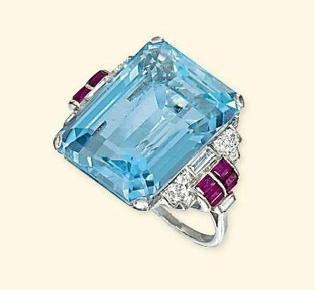 An Art Deco Aquamarine & Ruby ring by Boucheron. The rectangular-shaped aquamarine to the geometric shoulders mounted with circular and baguette-cut diamonds to the calibré-cut ruby accents. Signed Boucheron Boucheron Jewelry, Diamond And Ruby Ring, Aqua Ring, 1920s Jewelry, Aquamarine Birthstone, Jewelry Auction, Aquamarine Jewelry, Ruby Jewelry, Antique Engagement Rings