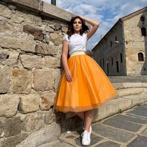 Orange Layered Tulle Ball Gown High-Waisted Skirt Yellow Skirt Midi Skirts Woman Clothes Korean Orange Tulle Skirt, Orange Tulle Dress, Orange Skirt Outfit, Tulle Skirt Bridesmaid, Tulle Skirts Outfit, Summer Orange, Skirt Tulle, Clothes Korean Style, Tulle Tutu Skirt