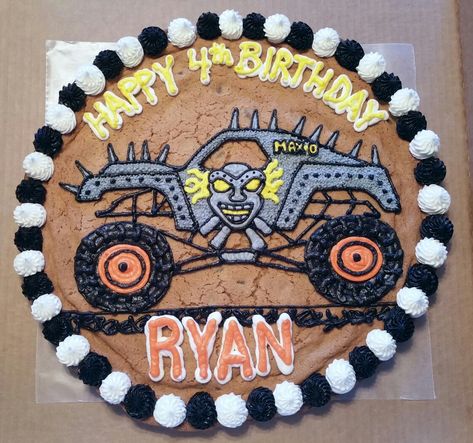 Monster truck cookie cake. Max D Monster Truck Cake, Hot Wheels Cookie Cake, Monster Truck Cookie Cake, Truck Cookie Cake, Monster Jam Birthday Cake, Monster Truck Cookies, Pirate Birthday Cake, Monster Jam Birthday, Monster Jam Party