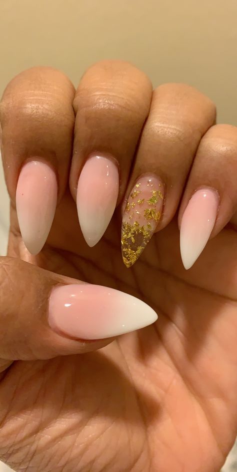 Almond Nails With Gold Flakes, Ombre Nails Gold, Gold Ombre Nails, Short Pink Nails, Pink Stilettos, Quartz Nail, Glass Nails, Colorful Nail Designs, Gold Flakes