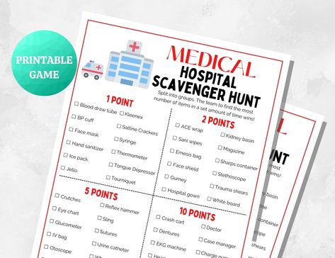 "Medical HOSPITAL Scavenger Hunt to make any work party fun! Great as an ice breaker for new employees, retirement parties, employee appreciation parties for hospital staff. Great for Nurses Week or Doctor's Day. PLEASE NOTE ✨ This is a DIGITAL PRINTABLE item -- no physical item will be shipped.  It is NOT editable. You are purchasing ONE game with ONE PDF file. HOW TO ORDER ✨ Click \"Add to Cart\" and purchase the PDF file. Click 'Your profile', then 'Purchases' then click 'Download Files.' You Employee Scavenger Hunt, Hospital Scavenger Hunt, Cath Lab Nursing, Employee Appreciation Party, Work Morale, Morale Ideas, Pharmacy Week, Nursing Fun, Scavenger Hunt Printable