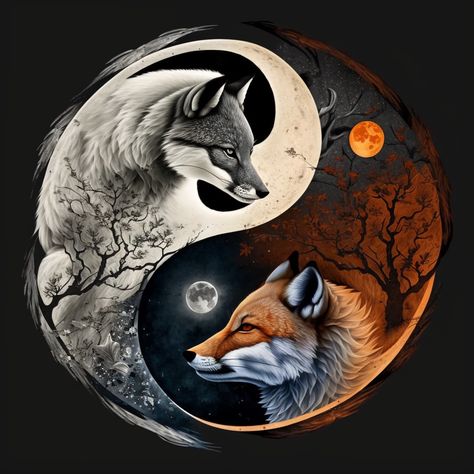 Ying Yang Sign, Jing Y Jang, Ying Yang Art, Yin Yang Art, Fox Drawing, Wolf Tattoo Design, Geniale Tattoos, Wolf Spirit Animal, Animal Portraits Art