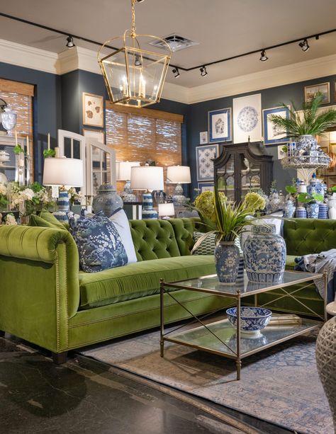 Serenity and Style: Decorating Your Home with Blue and Green  - Nell Hill's Green Couches, Blue And Green Living Room, Small Sectional Sofa, Luxe Living Room, Blue Living Room Decor, Green Couch, Green Sofa, Living Room Green, Blue Living Room