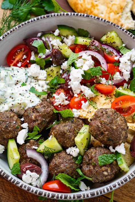 Ground Beef Greek Meatballs, Greek Meatball Recipes, Greek Turkey Meatball Bowls, Mediterranean Meatball Recipes, Greek Meatball Bowl, Greek Dinner Ideas, Meatball Meals, Meatball Salad, Greek Lamb Recipes