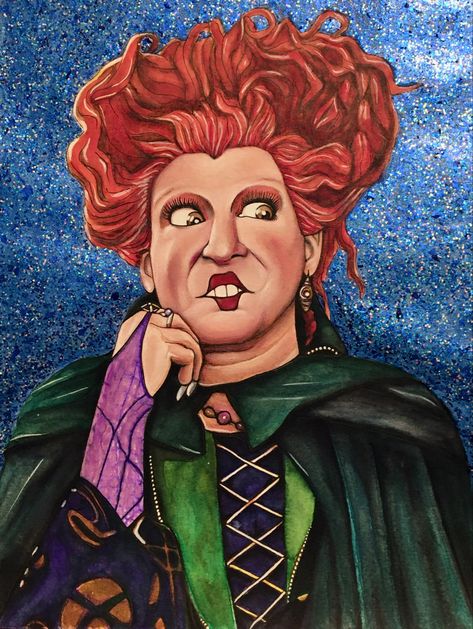 Mixed media on watercolor paper. Winifred Sandersan from hocus pocus! Glitter paint background. #halloween #hocuspocushalloween #art #mixedmediaart Hocus Pocus Painting, Hocus Pocus Witches, Background Halloween, Glitter Paint, Paint Background, Cute Animal Pictures, Hocus Pocus, Mixed Media Art, Watercolor Paper