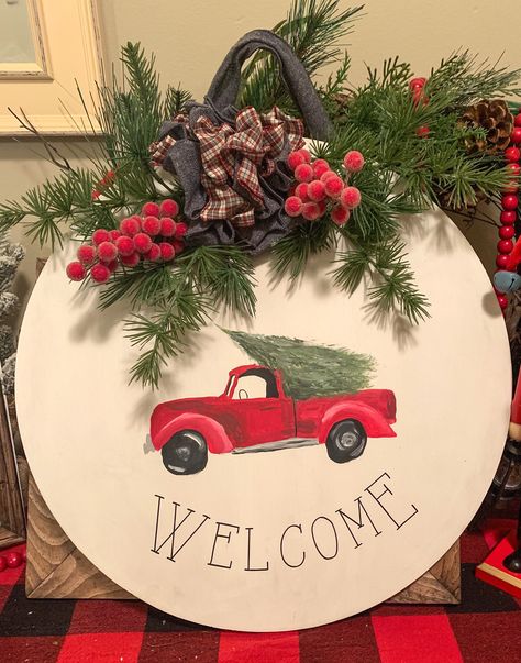 Red vintage truck door hanger welcome sentiment Porch Welcome Sign, Christmas Ornaments Gifts, Burlap Bows, Christmas Truck, Vintage Truck, Porch Signs, Paint Party, Ornament Gifts, Door Hangers