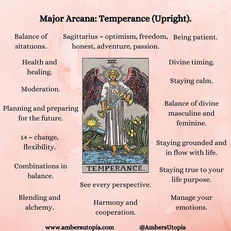 Temperance, in upright position from the Major Arcana suit in the tarot deck and its meanings, including the astrology and numerology meanings.

#Temperance #MajorAcarna #TarotCardMeanings #Tarot The Temprence Tarot Meaning, Temperance Tarot Art, Temprence Tarot Card, The Temperance Tarot Meaning, Temprence Tarot Meaning, Temperance Tarot Card Meaning, Temperance Meaning, Temperance Tarot Meaning, Major Arcana Meanings