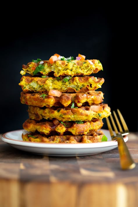 Pakora Chickpea Flour Waffles are a fun savory vegan breakfast treat or snack! Pakora's are a staple at most Indian restaurants and now you can have them for breakfast - unfried! Gluten-free too! #glutenfree #waffles Pakora Waffles, Vegan Savory Waffles, Chickpea Flour Breakfast, Veggie Waffles Kids, Savory Vegan Waffle Recipe, Veggie Waffles, Vegan Savory Breakfast, Vegan Gluten Free Waffle Recipe, Chickpea Flour Waffles