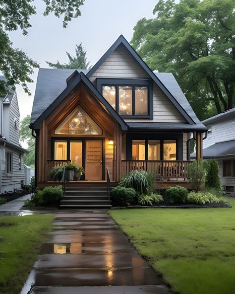 Small Forest House Design, Modern Cosy Home Exterior, Modern Craftsman House Exterior 2 Story, Small Cosy House Exterior, Small Cozy Home Exterior, Small House Aesthetic Exterior, Cosy House Exterior, Small Cozy House Exterior, Small Cosy House