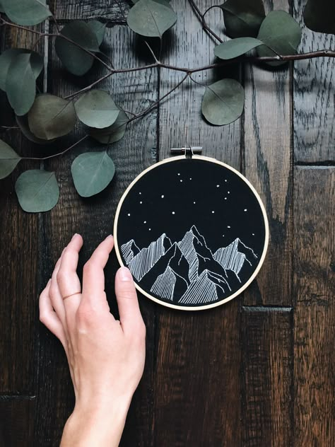 Modern Embroidery Designs, Mountain Embroidery Simple, Embroidery Art Modern, Mountains Embroidery, Adventure Embroidery, Stars Embroidery, Modern Hand Embroidery, Mountain Embroidery, Mountain Hand Embroidery