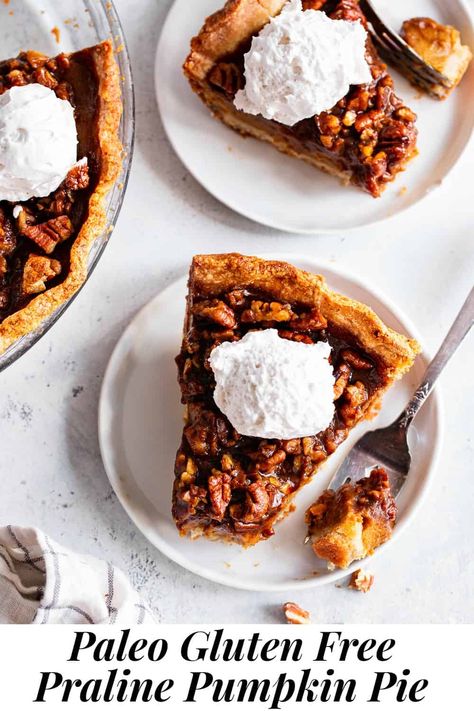 If you love pumpkin AND pecans, this praline pumpkin pie will become your go-to dessert for all special occasions. An easy grain free and paleo pie crust is filled with a dreamy layer of pumpkin custard and a thick layer of gooey pecan praline topping. Serve with coconut whipped cream for the ultimate gluten free, dairy free and paleo Thanksgiving dessert! #paleo #glutenfree #pumpkin #cleaneating Paleo Thanksgiving Dessert, Praline Pumpkin Pie, Pecan Praline Topping, Praline Pie, Paleo Pie Crust, Pumpkin Praline, Paleo Pie, Paleo Thanksgiving Recipes, Paleo Running Momma