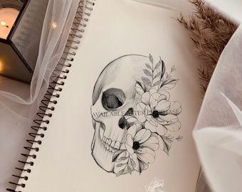 Floral Skull Tattoos, Deer Skull Tattoos, Skull Tattoo Flowers, Printable Stencil, Printable Tattoos, Skull With Flowers, Shop Tattoo, Clock Tattoo Design, Star Tattoo Designs