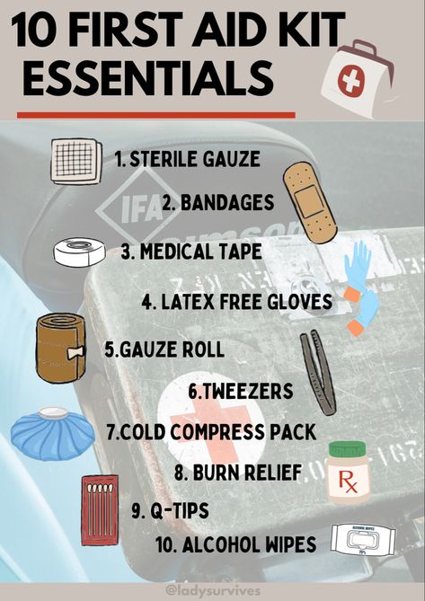 10 First Aid Kit Essentials | Emergency Preparedness | Survival Tips | Safety Facts | Hiking Guide Health First Aid Emergency Kit Travel First Aid Kit Essentials, Advanced First Aid Kit, Portable First Aid Kit, Diy Emergency Kit For Home, Hiking Emergency Kit, Basic First Aid Kit Checklist, First Aid Kit Aesthetic, Homemade First Aid Kit, First Aid Kit Diy