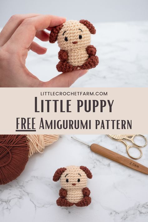 Quick amigurumi project to work, this crochet puppy will steal your heart! One more free amigurumi pattern from the Little Animals collection. Take a look at the bunny, kitty, elephant and many others amigurumi crochet animals on littlecrochetfarm.com Mini Elephant Amigurumi Free Pattern, Animaguri Crochet Beginner, Free Crochet Pocket Pal Patterns, Crochet Puppy Keychain, Crochet Pocket Pets, Crochet Pocket Pals Free Pattern, Simple Crochet Animals, Small Crochet Plushies Pattern Free, Crochet Puppy Pattern Free