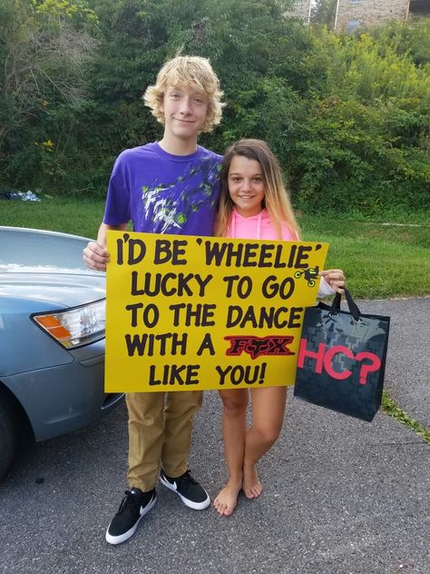 Homecoming Invite, Promposal, Wheelie Lucky...Fox racing shirt in the bag Mountain Biking Promposal, Motorcross Promposal Ideas, Redbull Promposal, Dirt Bike Hoco Proposal, Racing Promposal, Dance Answers, Promposals Ideas, Dance Asks, Prom Invites