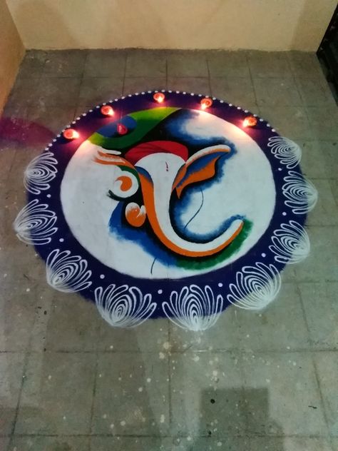 Ganpati Bappa Rangoli Designs Latest, Shading Rangoli Design, Ganpati Rangoli Ideas, Shaded Rangoli, Ganesh Rangoli Creative, Big Rangoli Designs Diwali Beautiful, Ganpati Bappa Rangoli Designs, Ganpati Rangoli Designs Latest, Rangoli Designs Ganpati